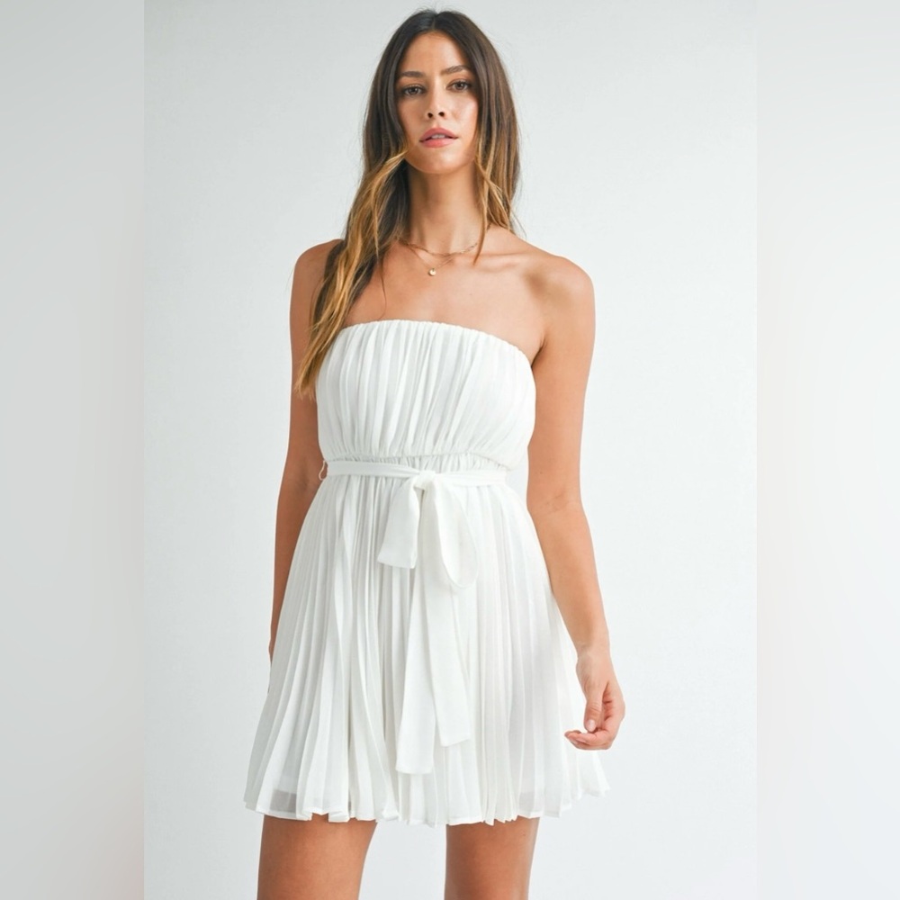Pleated Tube Mini Dress - White